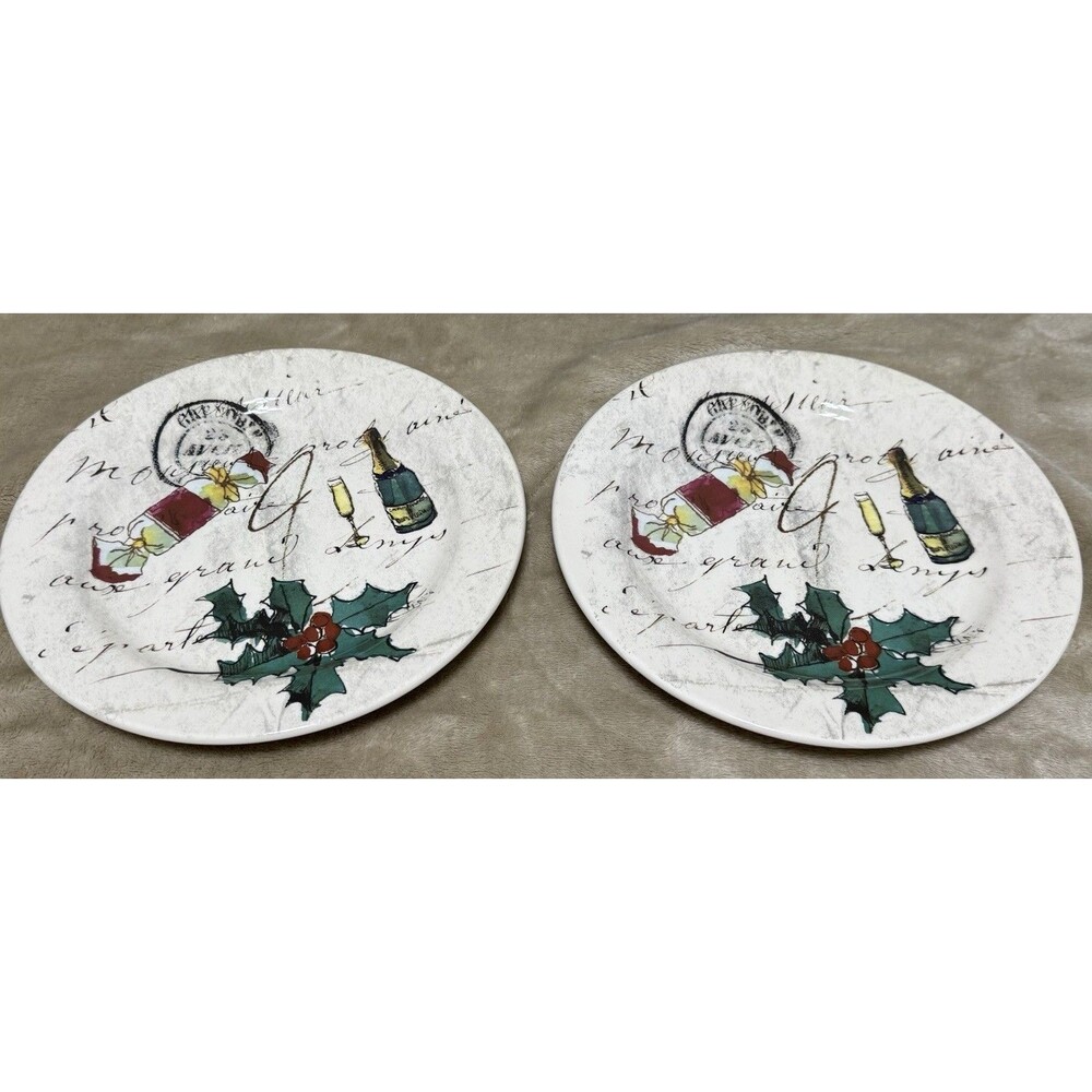 Set Of Williams Sonoma Christmas Plates Candy Wine Glass Holly Berries 8 3/4”